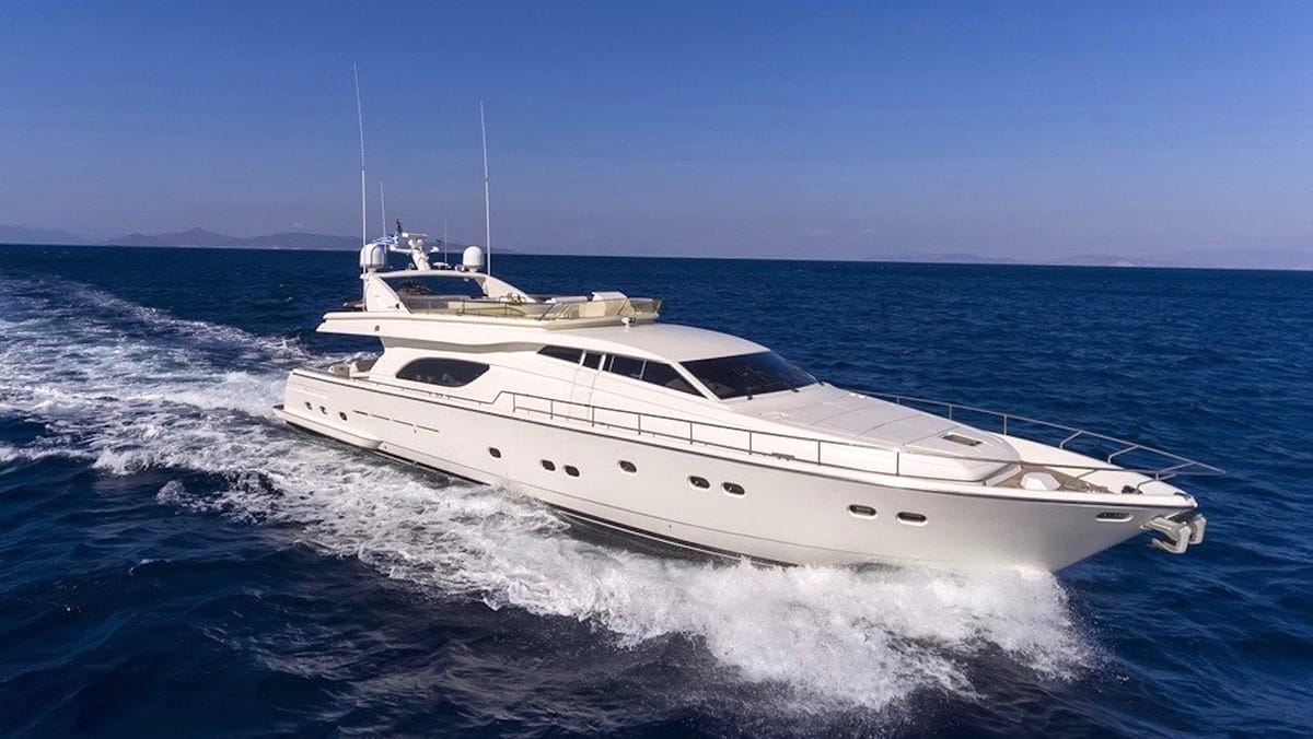 LAZY DAYS luxury motor yacht cruising at speed across deep blue Mediterranean waters.
